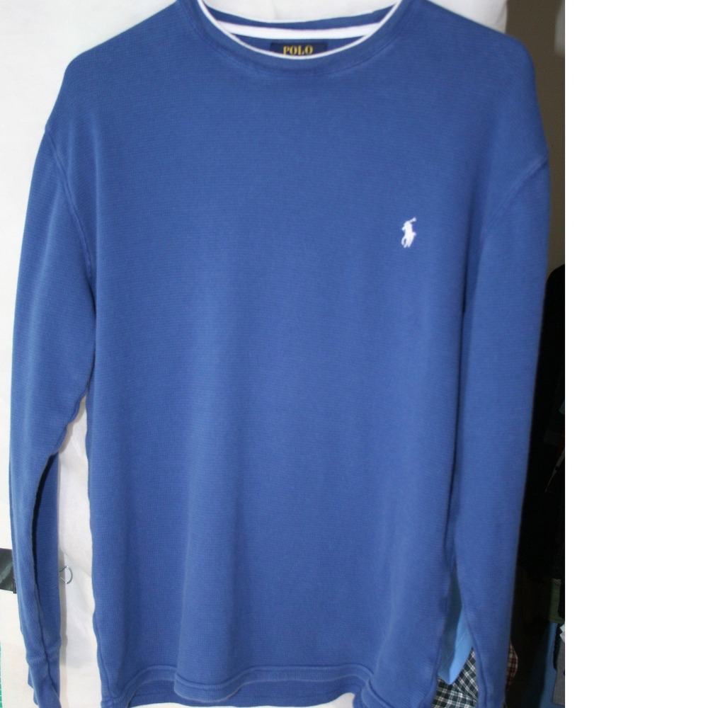 Polo Ralph Lauren Mens Blue Waffle Knit Thermal Long Sleeve Shirt Size Medium